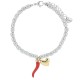 Bracciale con pepite in acciaio e cornetto rosso pendente e cuore dorato