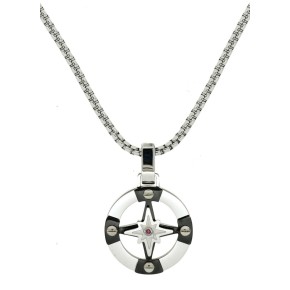 PENDENTE IN ACCIAIO ROSA DEI VENTI CM 45+5 CON 1 DIAMANTE ROSSO I/SI MM 1 CT0,008