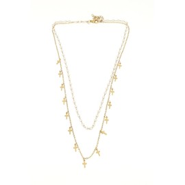 Collana perla dorata doppio filo con croci pendenti