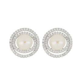 Orecchini perla da lobo con doppi cerchi in argento 925 e zirconi