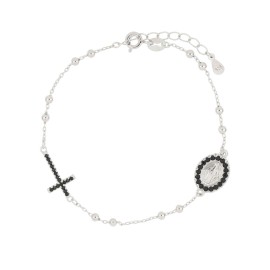 Bracciale rosario in argento 925 croce e madonnina con zirconi neri