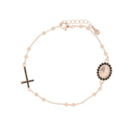 Bracciale rosario rosè in argento 925 croce e madonnina con zirconi neri