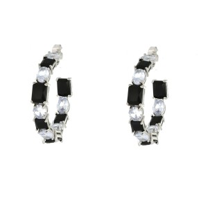 Orecchini cerchi  40 mm con cristalli ovali e quadrati neri e argentati
